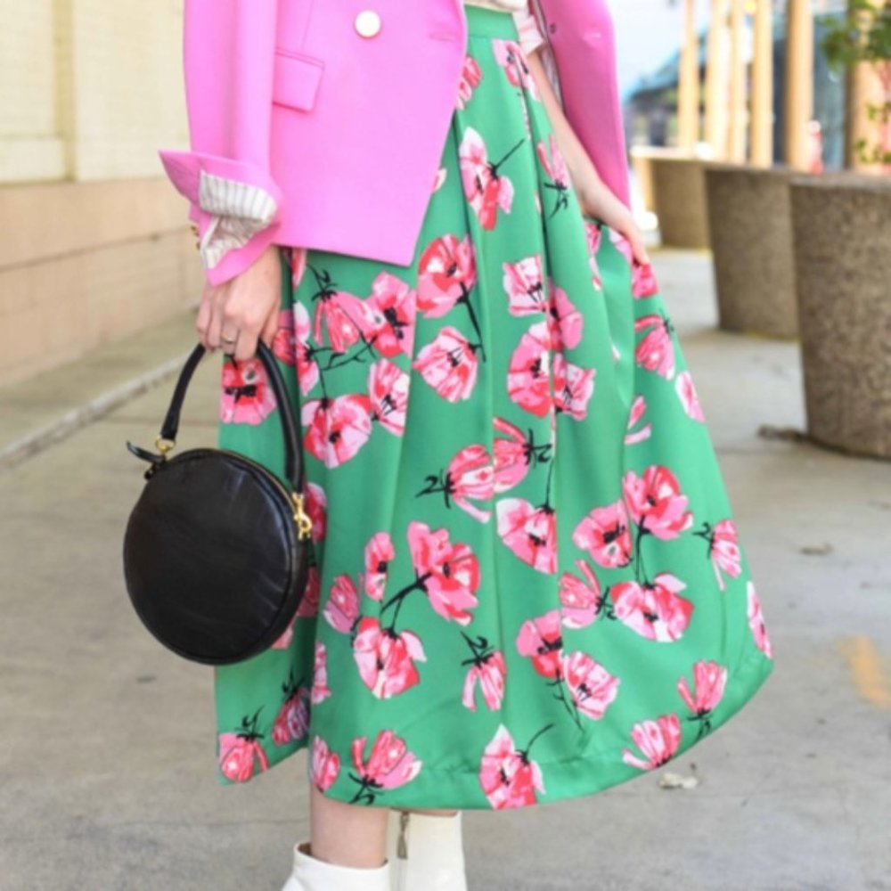 Green Floral Birdcage Midi Skirt